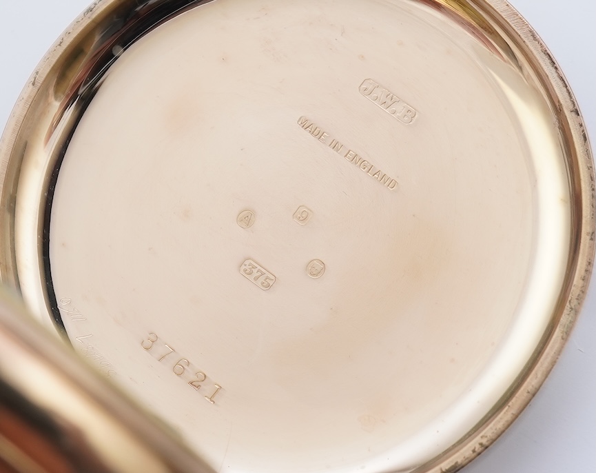A George V 9ct gold J. W. Benson open faced keyless pocket watch